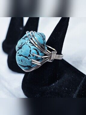 Vintage Custom Huge Raw Turquoise Stone Ring Set In Silverplated Wire Sz 6